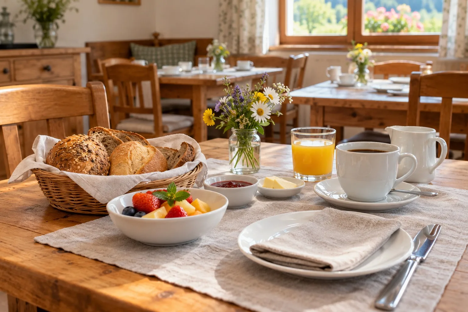Gedeckter Frühstückstisch mit Brot, Obst und Tasse in einem gemütlichen Frühstücksraum